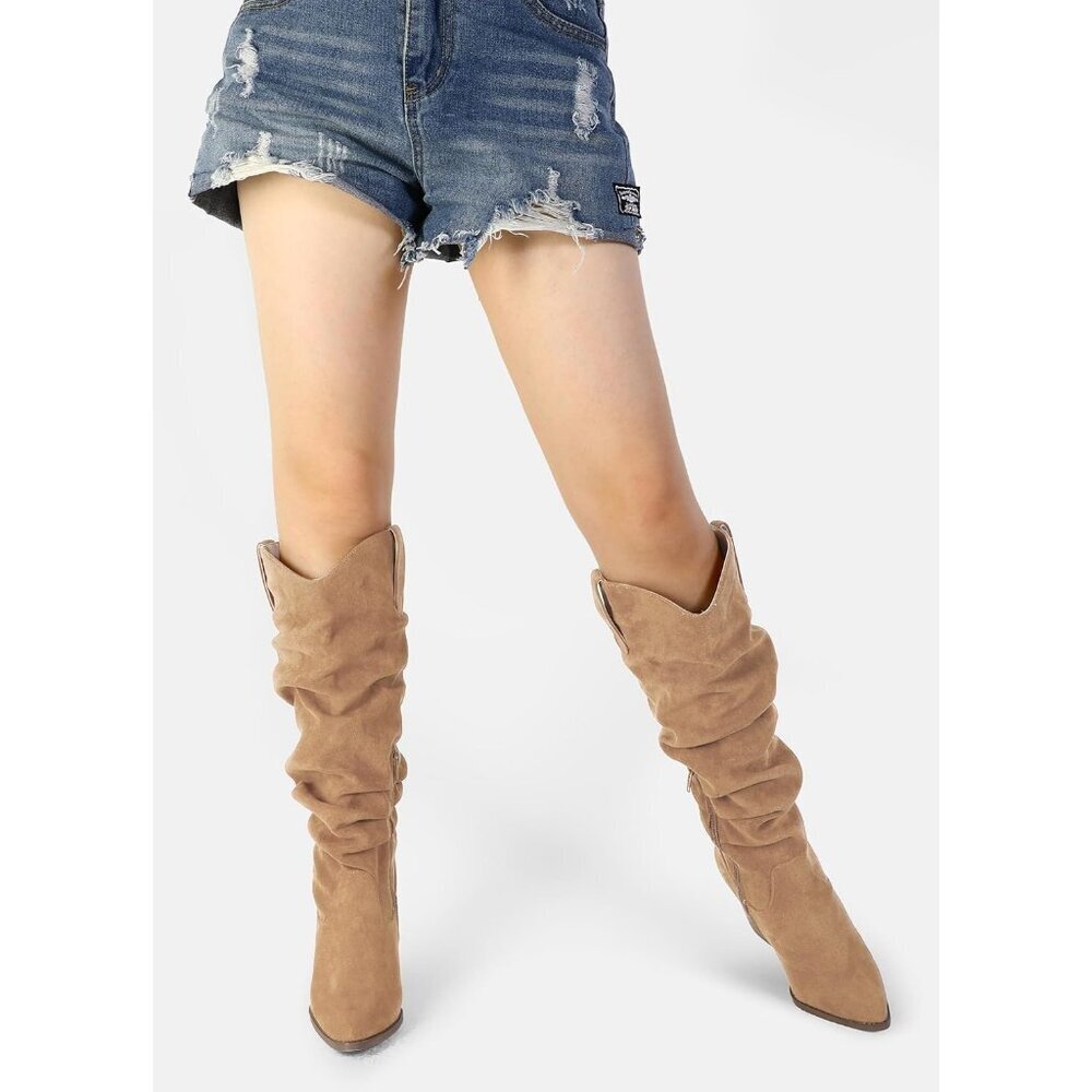 Women's Tan mysoft Cowboy Knee-High Boots Pointed Toe Mid Heel Pull On Slouchy - Picture 6 of 6